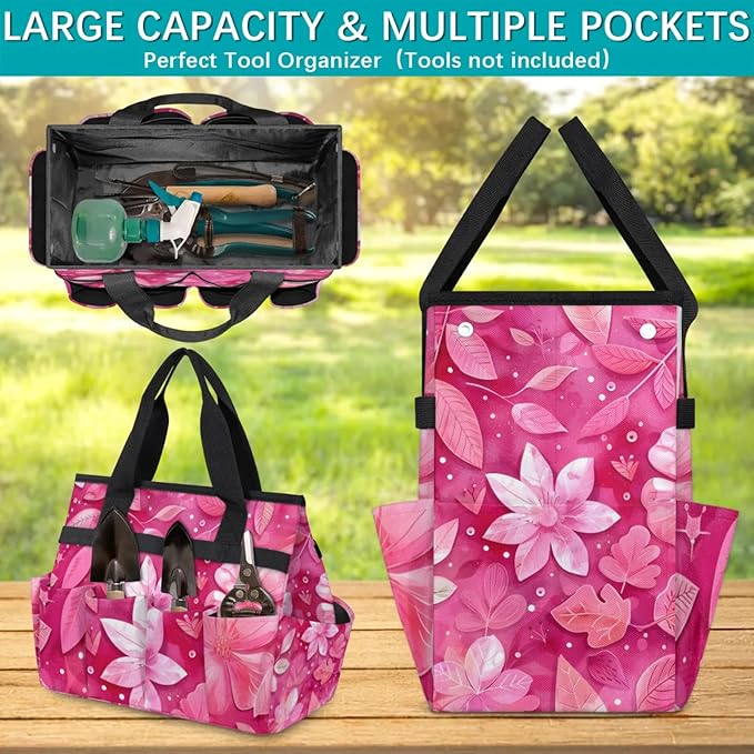 Rose Red flower Gardening Tool Bag,Heavy Duty Garden Tote Bag,Portable Oxford Gardening Storage Basket Organizer Handbag with Pockets Handle,Hand Tools Gifts for Outdoor Garden Lawn