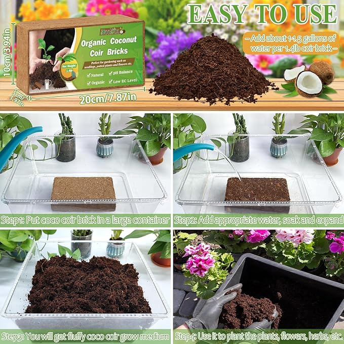 ZeeDix 20Pcs 28LB Organic Coconut Coir Bricks for Plants- Compressed Coco Coir Brick Coconut Fiber Potting Mix Coco Fiber Peat Potting Soil for Vegetables Indoor Plants Gardening(Coir Brick 1.4LB/PCS)