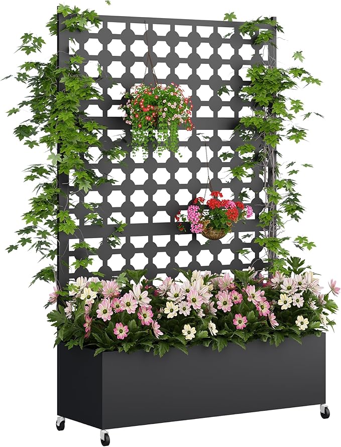 Metal Planter Box with Trellis Privacy Screen, Raised Garden Bed with Dots Trellis & Wheels, Privacy Planters for Patio, Planter Box for Climbing Plants, Flower, 73"x 47"x 16", Black