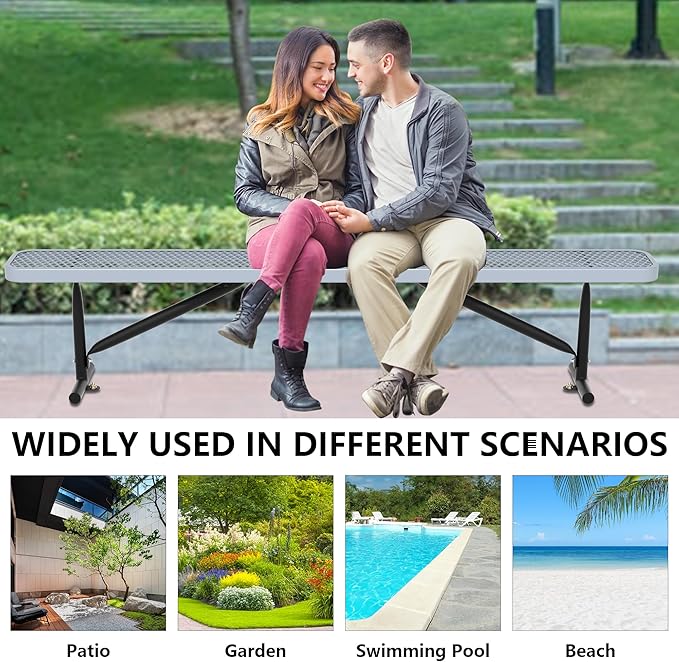 48" L Outdoor Steel Flat Bench, Heavy Duty Metal Park Bench for Outside, Expanded Metal, Commercial Benches Mesh Bench for Shopping Mall, Store, Lawn, Park, Patio, Deck, Garden (Grey, 8FT)