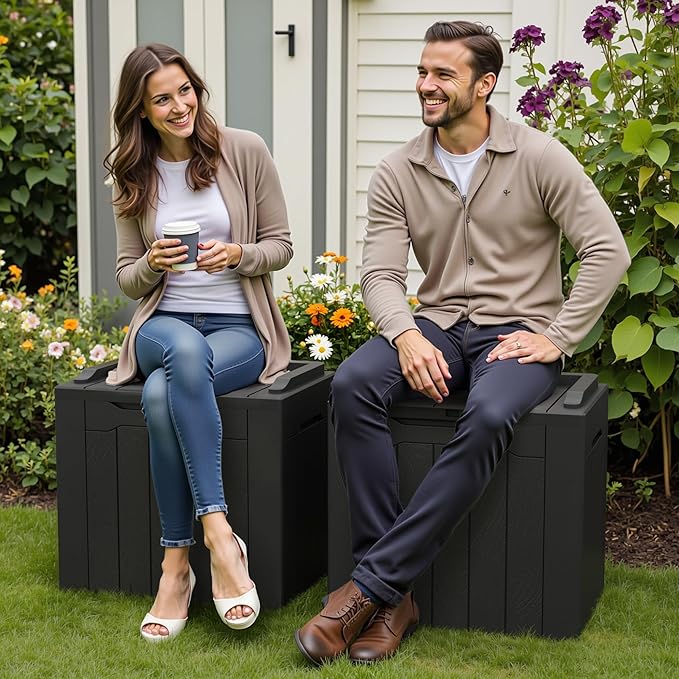 Greesum 31 Gallon Deck Box for Outside, All Weather Outdoor Storage Boxes for Patio Furniture Set, Package Delivery Box, Garden Tools, Black(Set of 2)