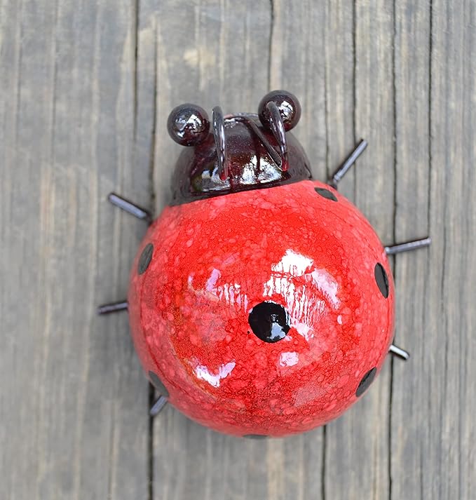 GIFTME 5 Metal Garden Yard Art Decorative 4 Pack Ladybugs Outside Garden Wall Sculptures(RED)