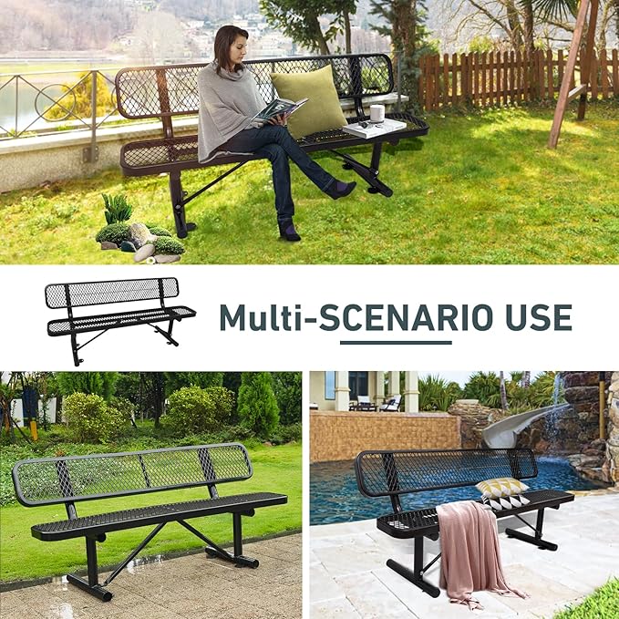 6FT Heavy Duty Park Bench with Back Portable Frame, Outdoor Metal Park Bench with Backrest, Steel Mesh Outdoor Bench for Garden, Lawn, Patio, Porch, Park, Yard (Black, 72.4" L x 23.2" W x 32.5" H)