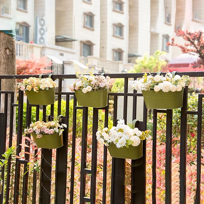 5 Pack Metal Hanging Flower Pots for Railing Fence,Outdoor Balcony Rail Planter with Garden Tools Detachable Hooks Drainage Holes for Deck Garden Home Decor Green