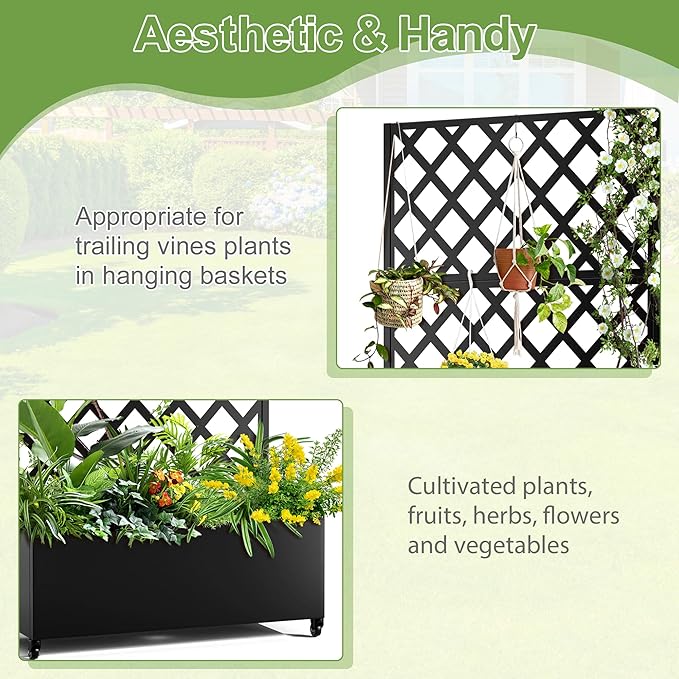 Metal Planter Trellis Box with Wheels & Drain Plug Outdoor Raised Garden Bed Patio Privacy Screen with Planter for Climbing Plants, Vegetables 73"x35"x16" Black-Diamond