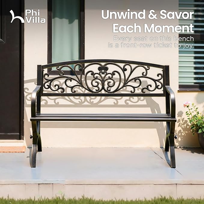 PHI VILLA 50Inch Cast Iron Steel Frame Garden Bench Patio Furniture Chair Outdoor Bench w/Floral Design Backrest, Slatted Seat for Park, Yard & Porch, Bronze