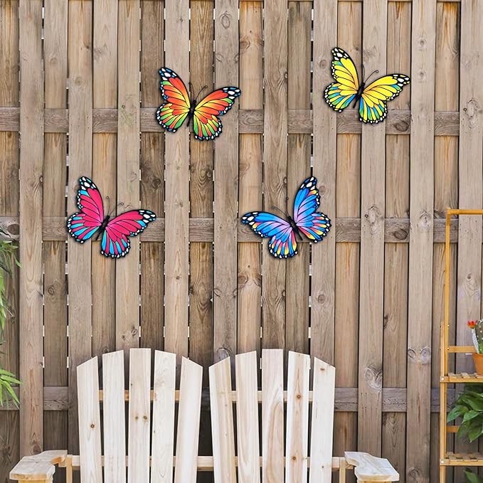 Oraytteo Metal Butterfly Wall Outdoor Decor - 4pcs 9.8inch Hanging Butterflies Wall Art Sculptures for Indoor and Outdoor Fence Patio Yard Home Wall Decorations, Gift for Mom Dad Friends