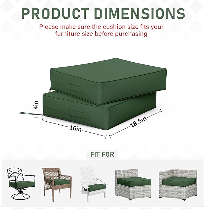 Patio Chair Cushions 18.5 X 16 X 4 Inch Waterproof Outdoor Seat Cushions for Patio Furniture, Outdoor Sofa Couch Pads with Ties & Handle, Set of 2, Green