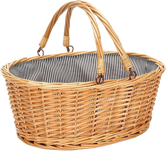Wicker Picnic Basket with Double Folding Handles, Natural Large Willow Hamper Empty Basket Cheap Easter Eggs Candy Storage Wine Basket for Toy, Flower, Wedding(Grey 16inch)