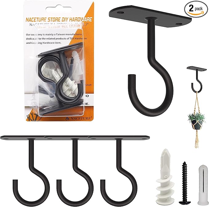 NACETURE Plant Ceiling Hooks Hanging Basket 4 Pack - Hanging Plant Hooks Indoor Wall Hanger for Decorative Home, Kitchen, Wreath Hangers for Fall Porch Decor (2.5" Black 4 Pack)