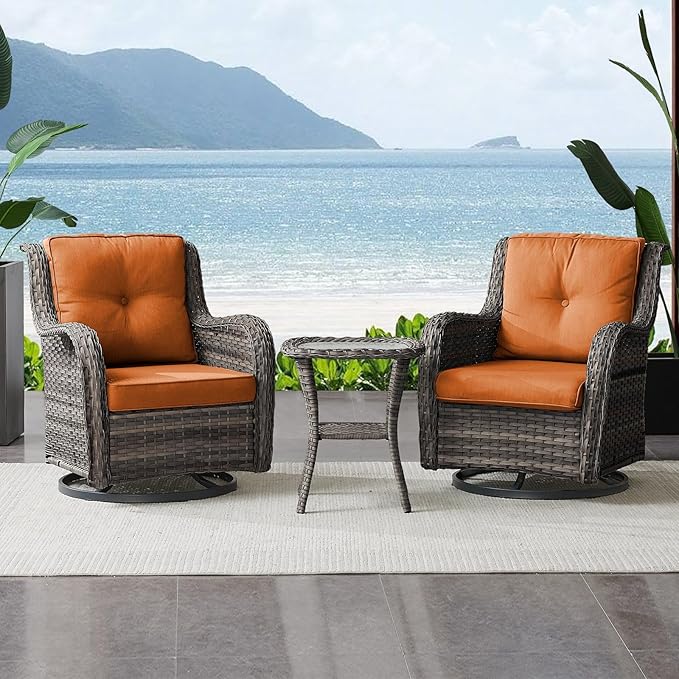 Outdoor Swivel Rocker Wicker Chairs Set of 3, High Back Swivel Patio Chairs Wicker Furniture Set, 2 PCS Rattan Swivel Rocking Chair with Side Table, Orange Cushion
