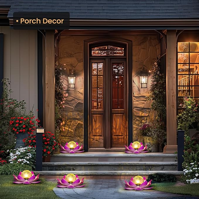GIGALUMI Solar Light Outdoor Garden Decor, Lotus Flower Light Crackle Globe Glass Lantern Outdoor Table Decor Waterproof for Patio, Lawn, Pathway, Pool, Pond, Christmas Gift (Pink Petal)
