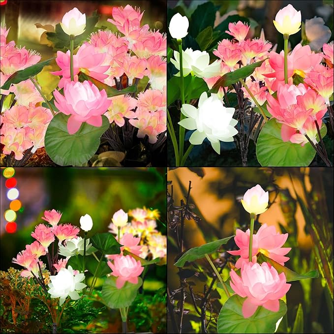 4pack Solar Flower Lights Outdoor Waterproof IP65,Solar Lotus &Peachblossom Garden Decorative Lights Led Flowers Decor Auto On/Off Bright Up to 12Hrs