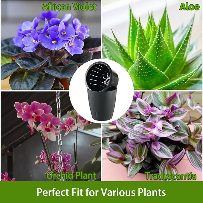 Planterhoma 5 Inch Self Watering Pots for Indoor Plants, 6 Packs African Violet Pots with Water Indicator and Black Wick Pots, Self Watering Planters for Devil's Ivy, Indoor Plant Pots, Grey Gold