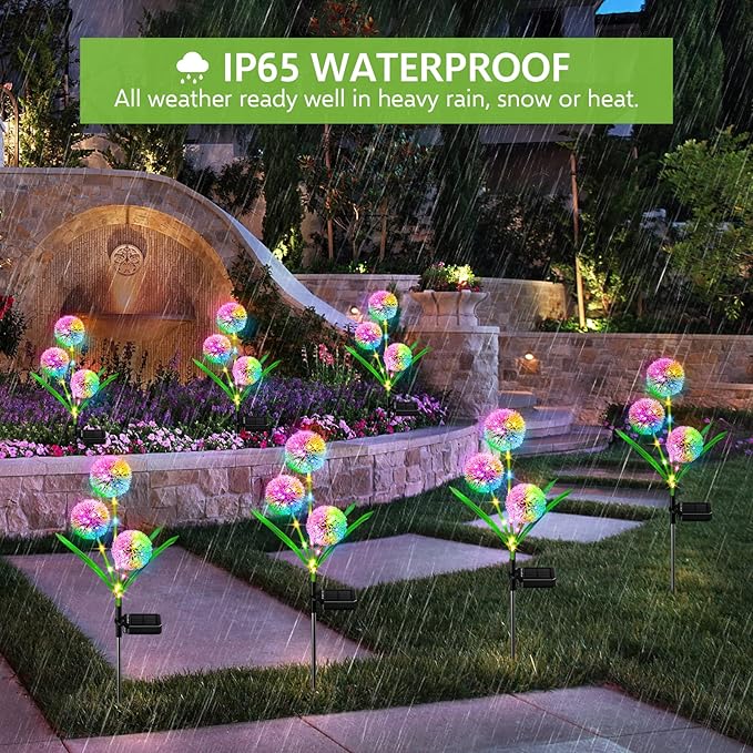 4 Pack Solar Garden Lights Outdoor Decor, New Version 12 Glowing Dandelion Lights & Stems with 144 Colorful LED, 2 Modes Control Solar Lights Outdoor Waterproof IP65 for Yard, Lawn, Pathway