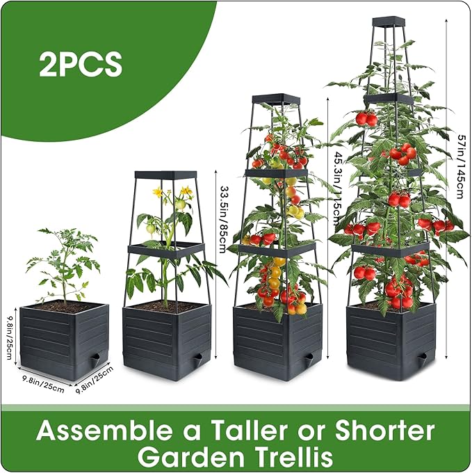 MQFORU 2 Packs Raised Garden Bed Tomato Planter with Trellis, 57" Tomato Cages for Climbing Vegetables Plant, Self Watering Planters Box for Garden Pots for Patio Greenhouse Indoor Outdoor(2PCS)