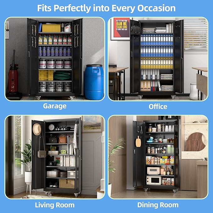 Garage Storage Cabinet with Wheels & Pegboard, 71" H×34" W×18" D Locking Metal Storage Cabinet with 2 Doors and 5 Adjustable Shelves for Garage Workshop Home, Black, Assembly Required