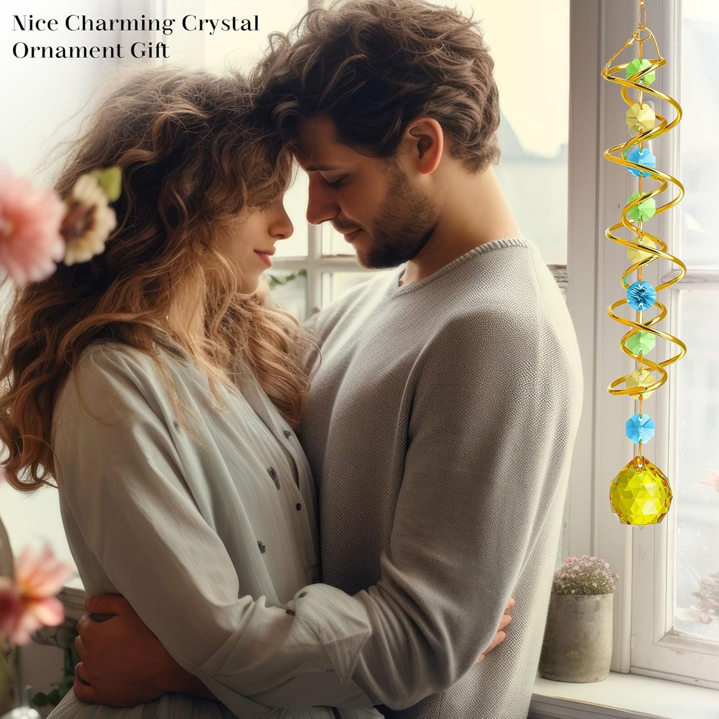 H&D HYALINE & DORA Glass Gazing Ball Spiral Tail Decorative Sun Catcher,20.5in Rainbow Maker Double-Spiral W/Yellow Crystal Ball Prism Sun Catcher for Indoor Outdoor Garden Decoration