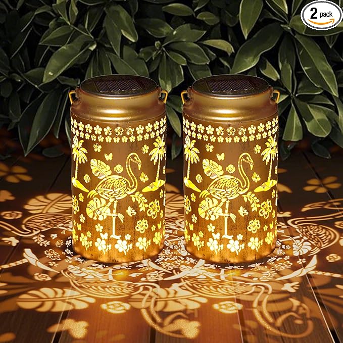 2 Pack Flamingo Solar Lanterns Outdoor Waterproof, Metal Hanging Lights Decorations for Garden Yard Lawn Patio, Flamingo Gifts for Women Mom Grandma Gardener for Mother'Day Christmas