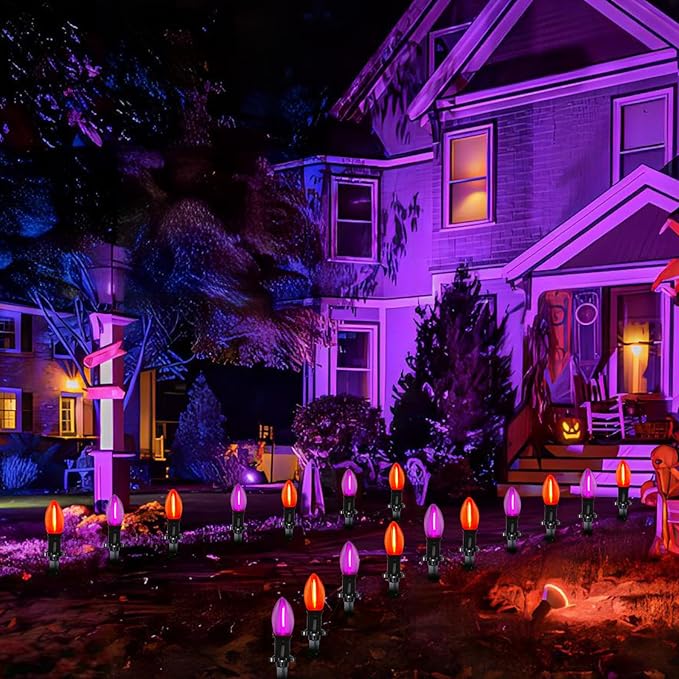 19.5Ft LED Halloween Pathway Lights Outdoor with 10 C9 LED Orange Purple Lights, Outdoor Halloween Decoration Pathway Marker Stakes Lights Waterproof for Yard Garden Sidewalk Walkway Halloween Party