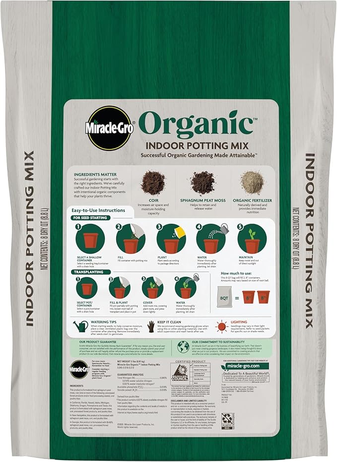 Miracle-Gro Organic Indoor Potting Mix, Protects Against Over and Under Watering, for Indoor Container Plants, Houseplants and Starter Plants, OMRI Listed, 8 qt.