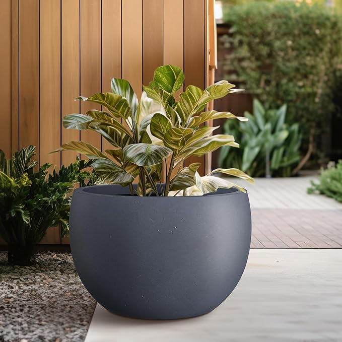 Kante 19.9" Dia Round Concrete Planter, Outdoor/Indoor Large Bowl Plant Pots with Drainage Hole and Rubber Plug for Garden Patio Balcony Home, Dark Gray