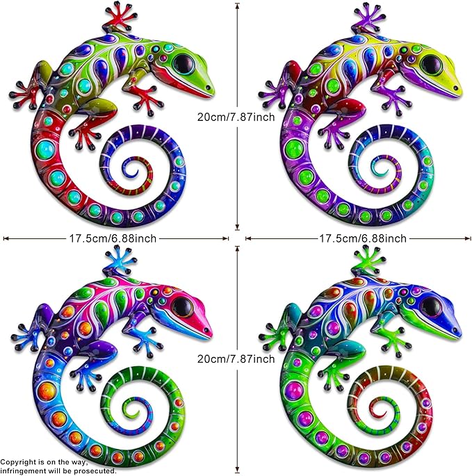 ULENDIS 4 Pack Metal Gecko Wall Decor, 7.8 Inch Lizard Outdoor Wall Art Fence Decorations for Patio and Yard, Colorful Hanging Decoration for Garden Living Room Bedroom Patio Balcony