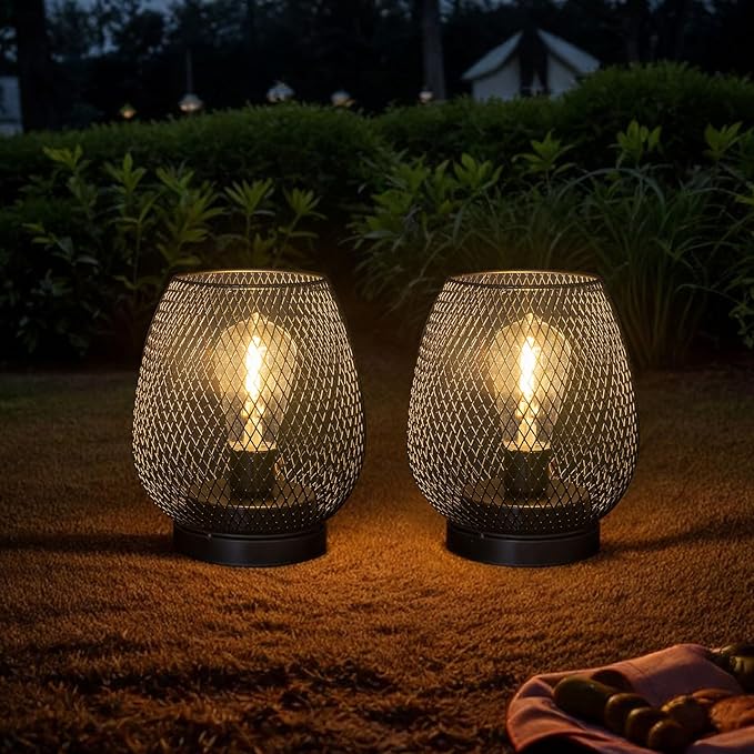 2 Pack Battery Operated Lamp Outdoor Table Lantern,Metal Cage Cordless Lamps with LED Bulb for Weddings Parties Patio Events Indoor Outdoor Patio Bedroom Living Room(Black
