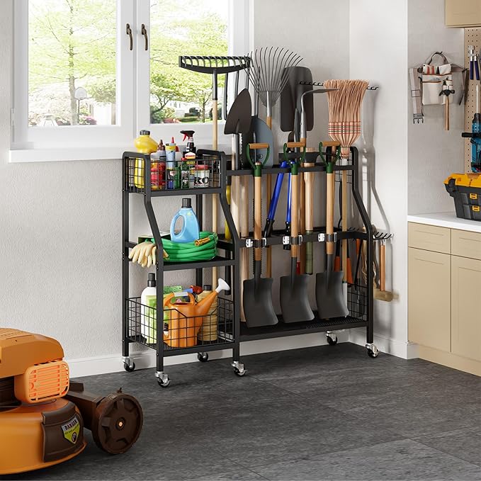 keomaisyto Garden Tool Organizer with 6 Wheels(3 lockable), Heavy Duty Yard Tool organizer with 2 Basket, Large Metal Garage Tool Organization and Storage for Garage/Shed/Yard/Broom Closet/Lawn