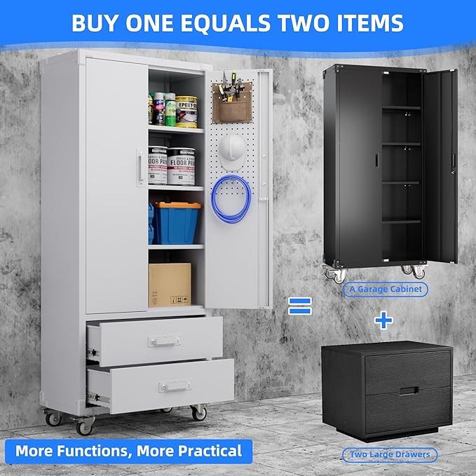 Upgraded Metal Garage Storage Cabinet with Wheels and 2 Drawers, Rolling Tool Cabinet with 3 Shelves and Pegboard Behind The Door for Home Office Garage,Assembly Required,White