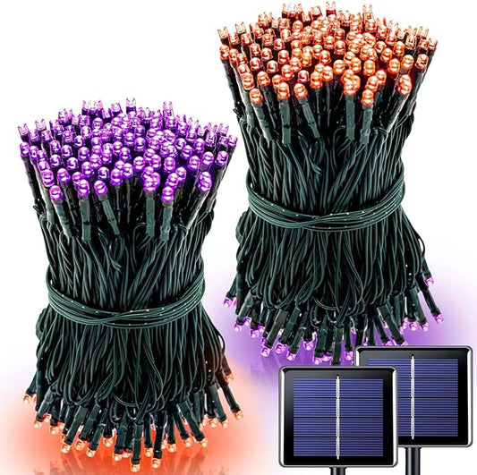 2 Pack Orange and Purple Halloween Lights, Total 151ft 400 LED Halloween Solar Lights Outdoor,8 Modes Solar String Lights Outdoor Waterproof