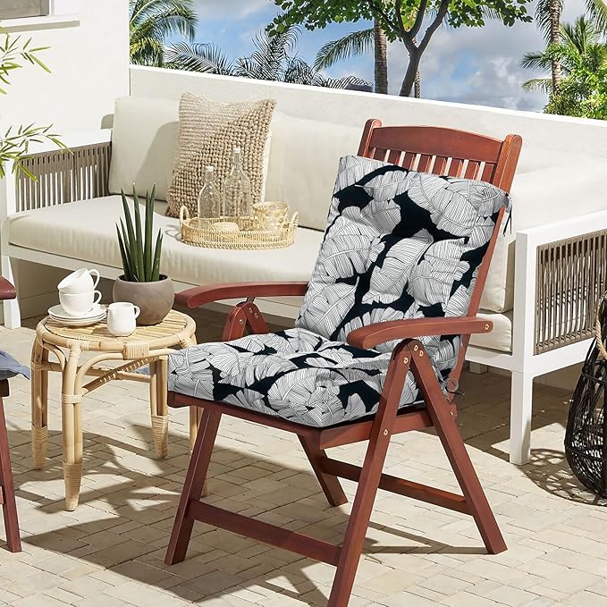 LVTXIII Outdoor Tufted Seat Cushions, Solid Seat and Back Chair Cushion with Ties, Patio Replacement Rocking Chair Cushion for Outdoor Furniture Use, 21 W x 21D, 2 Pack, Black Lush Leaf Jungle