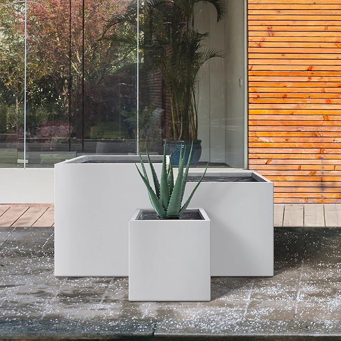 Kante 16",12",10" Square Concrete Planters Set of 3 for Outdoor Indoor Home Patio Garden, Large Plant Pot with Drainage Hole and Rubber Plug, Pure White