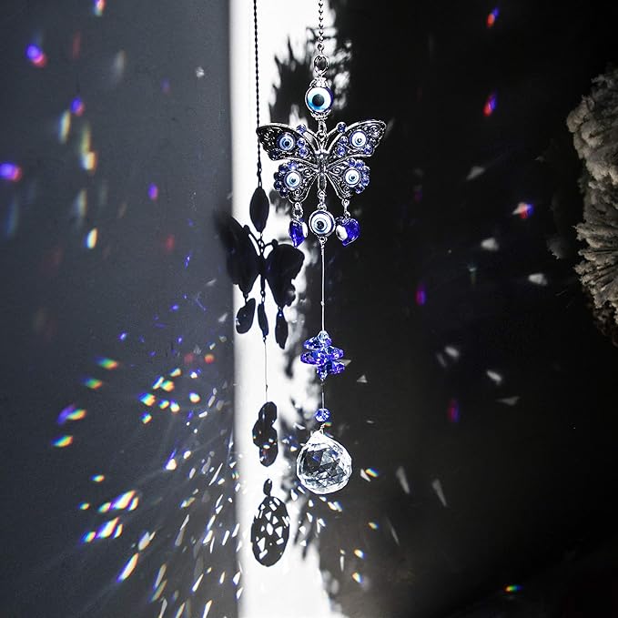 Turkish Blue Evil Eye Butterfly Wall Hanging with Crystal Suncatcher Ornament for Home Decor Protection Good Luck Blessing Housewarming Birthday Gift