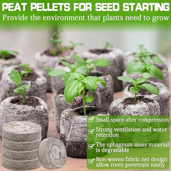 ZeeDix 100 Pcs 30mm Peat Pellets Seed Starter Soil Pods Plugs for Vegetable Seedling, Compressed Peat Nutrient Pods for Planting Easy Transplant with 100 Plant Labels & 2 Garden Tools
