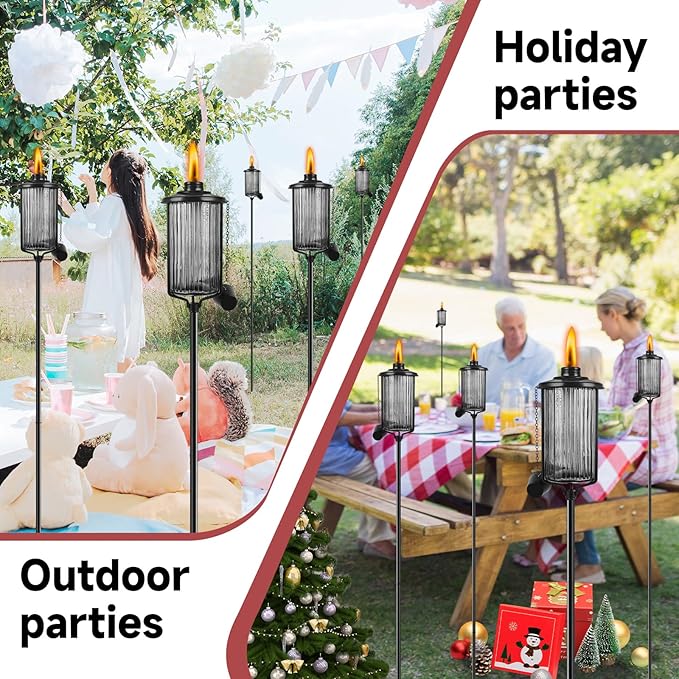 4 Pack Glass Citronella Torches, 16 oz Garden Torches for Outside with 3-Prong Grounded Stake, 55 inch Outdoor Black Glass Flame Light Torch for Yard, Patio, Deck, Garden, Party, Landscape