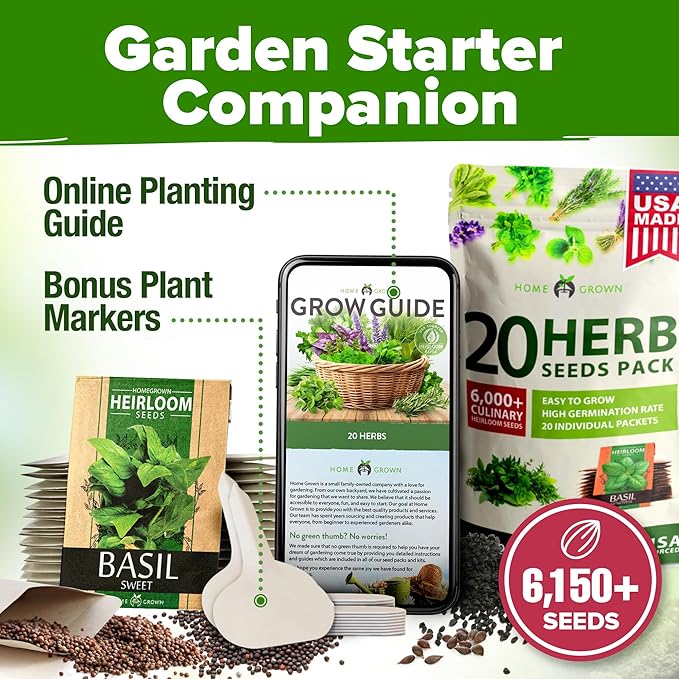 HOME GROWN 20 Culinary Herb Seed Vault - Heirloom and Non GMO - Seeds for Planting for Indoor or Outdoor Herbs Garden, Basil, Cilantro, Parsley, Chives, Lavender, Dill, Marjoram, Mint, Rosemary, Thyme