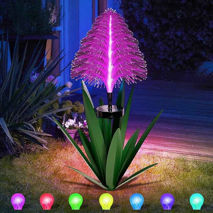 Metal Outdoor Decoration Gift Metal Agave Plants Outdoor Decor, Metal Agave Yard Art Garden Lights Solar Outdoor, 7 Color Changing Garden Yard Pathway Xmas Decor Waterproof (1pcs Green)