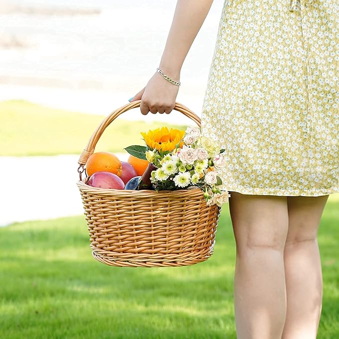 Wicker Picnic Basket with Double Folding Handles, Natural Large Willow Hamper Empty Basket Cheap Easter Eggs Candy Storage Wine Basket for Toy, Flower, Wedding(Grey 16inch)