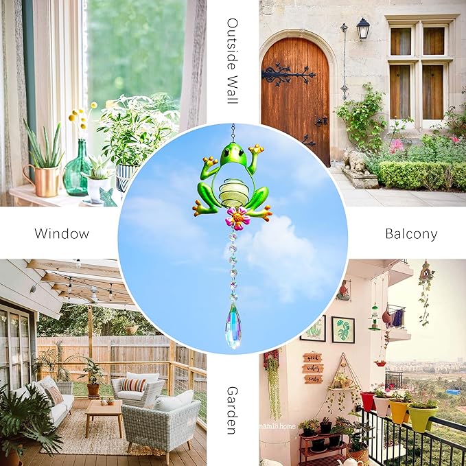 Stained Glass Metal Frog Suncatcher Crystals for Window Ornament - 17" Outdoor Fence Wall Art Decor, Rainbow Maker Hanging for Garden Yard Living Room Bedroom Patio Balcony