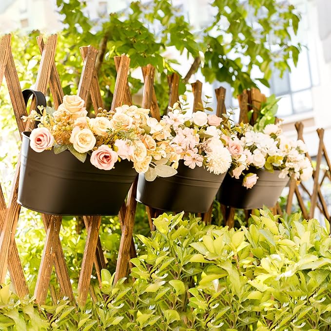 5 Pack Metal Hanging Flower Pots for Railing Fence,Outdoor Balcony Rail Planter with Garden Tools Detachable Hooks Drainage Holes for Deck Garden Home Decor Black