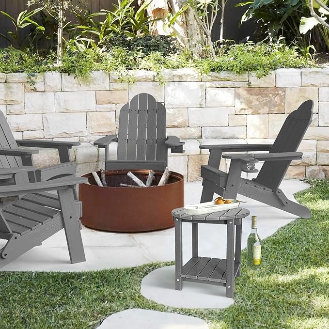 Adirondack Round Outdoor Side Table 2-Tier Storage Patio Side Table, HDPE End Tables for Backyard Pool Porch Garden Lawn (Grey)