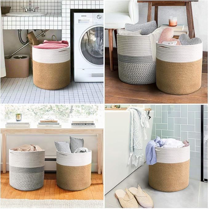 TIMEYARD Jute Rope Plant Basket Large Modern Woven Basket for 11'' Flower Pot Floor Indoor Planters, 12.5''x12.5'' Storage Basket Rustic Home Decor White and Jute