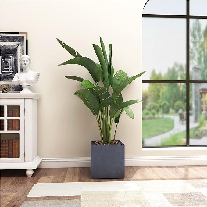 Kante 12 Inch Square Concrete Planter for Outdoor Indoor Home Patio Garden, Large Plant Pot with Drainage Hole and Rubber Plug, Charcoal