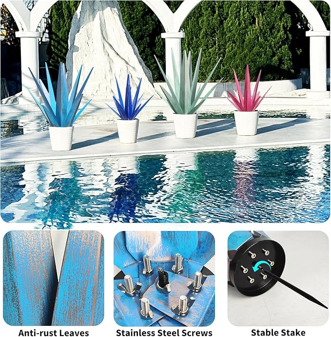 Large Tequila Rustic Sculpture, Rustic Metal Agave Plants for Outdoor Patio Yard, Home Decor Hand Painted Metal Agave Garden Yard Statue, Outdoor Lawn Ornaments (Rose Red - L (W/Solar Light))