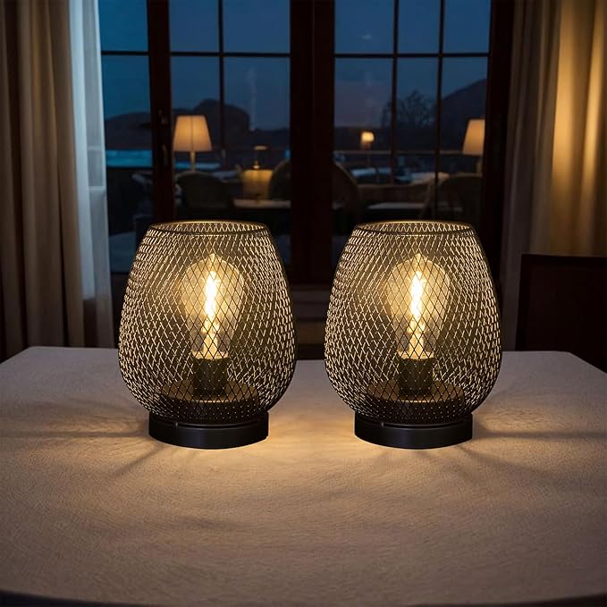 2 Pack Battery Operated Lamp Outdoor Table Lantern,Metal Cage Cordless Lamps with LED Bulb for Weddings Parties Patio Events Indoor Outdoor Patio Bedroom Living Room(Black
