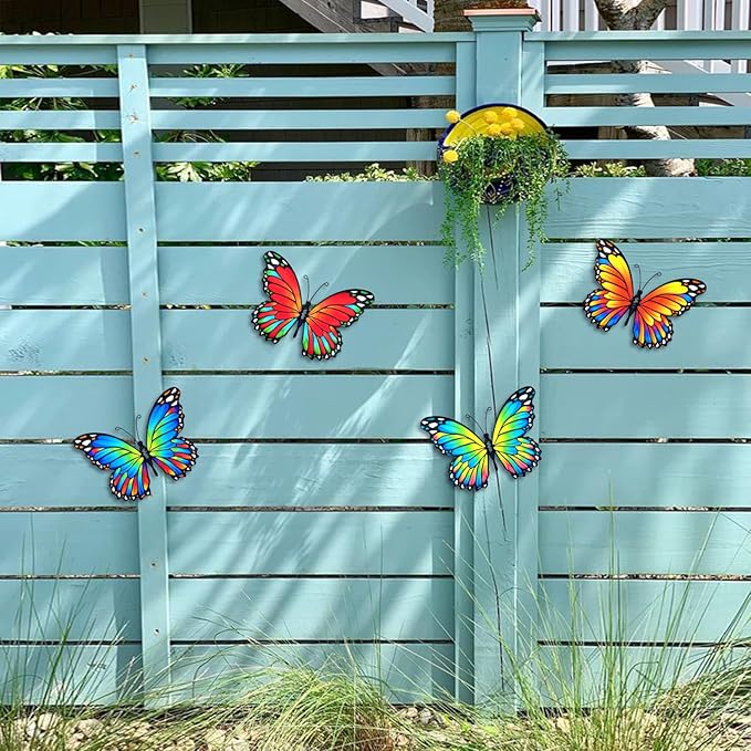 Oraytteo Metal Butterfly Outdoor Wall Decor - 4 Pack 9.8in Metal Butterflies Fence Art Decoration, Indoor Outdoor Patio Backyard Garden Decorations, Gift for Mom Dad Friends