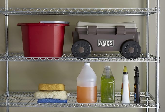 AMES 20213200 Rolling Lawn & Garden Storage Cart for Storing Tools & Cleaning Supplies, Lid Doubles as Seat, 225 lb. Weight Capacity
