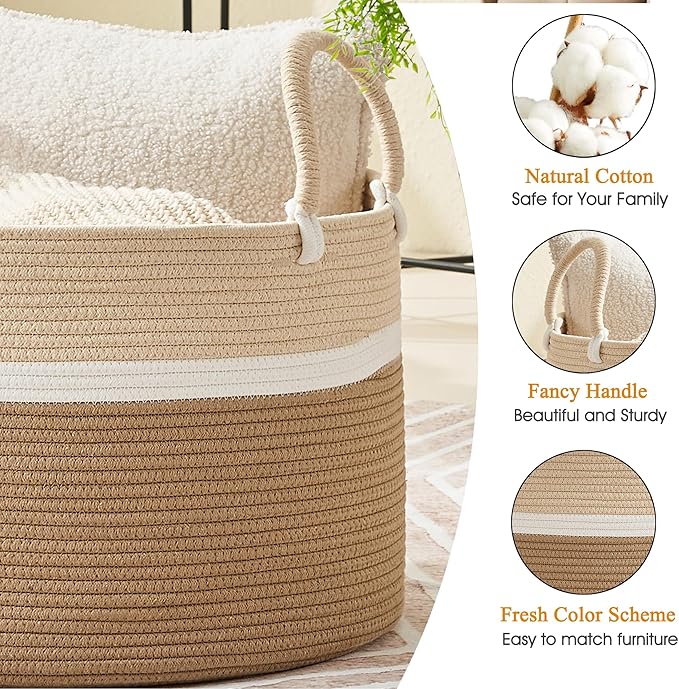 KAKAMAY Large Blanket Basket (20"x13"),Woven Baskets for storage Baby Laundry Hamper, Cotton Rope Blanket Basket for Living Room, Laundry, Nursery, Pillows, Baby Toy chest (White and Brown)