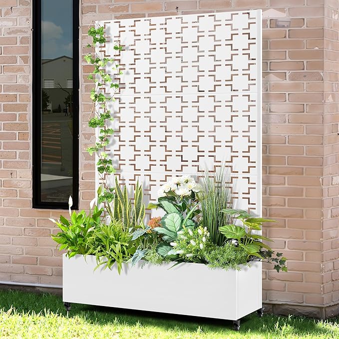 Raised Garden Bed with Trellis and Wheels,73"x47"x16" Metal Raised Garden Bed,White Squared Metal Planter with Climbing Trellis for Vines & Vegetables